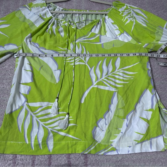 Maria & Kyndals Chartreuse Lavender White Leaf Print Blouse Tassels Tropical Med - Picture 8 of 11